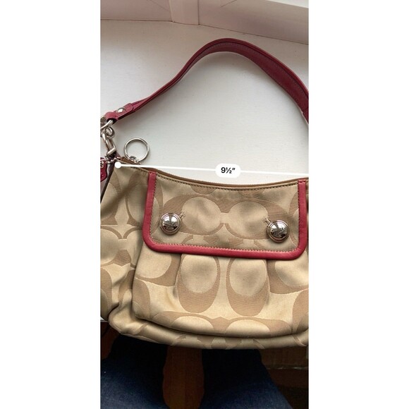 Y2K Coach Signature Shoulder Bag 13833 Tan "C" Canvas Red Leather Trim Hobo Logo - Picture 9 of 13
